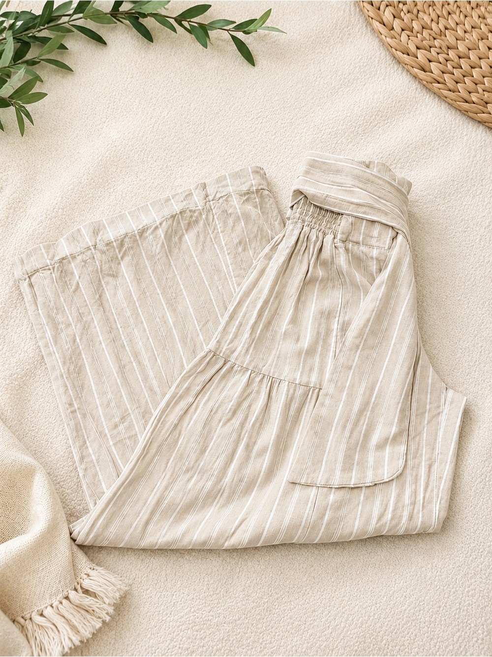 Rewash Brand Striped Linen Blend Wide Leg Tiered Pants Beige Belted Boho M